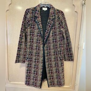 Multicolor Open-front Tweed Blazer with black faux leather trim